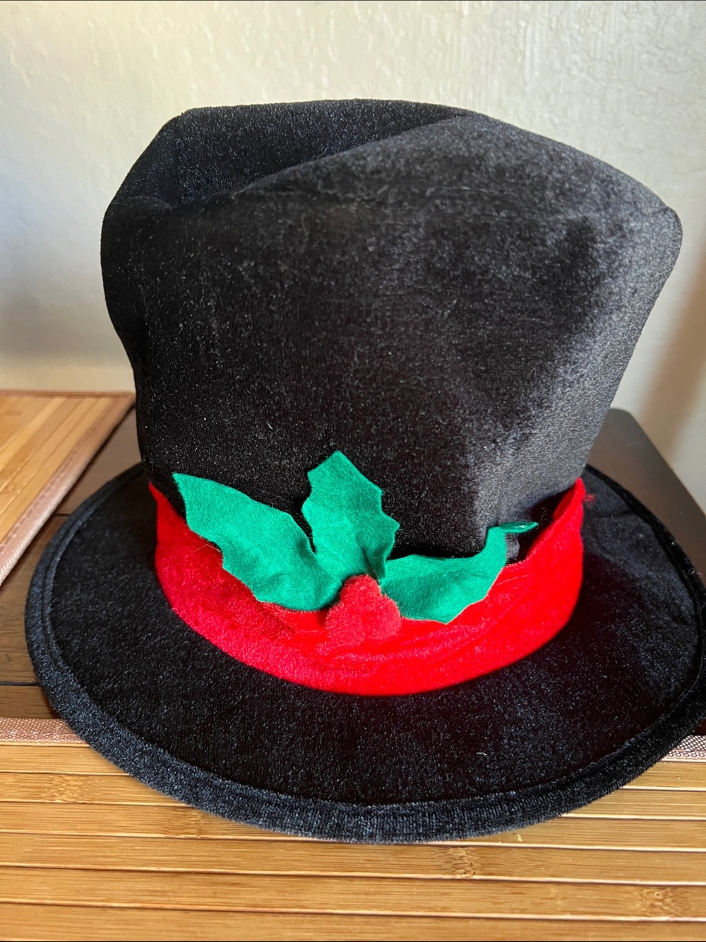 Black Holiday Top Hat with Red Band and Green Holly Accent